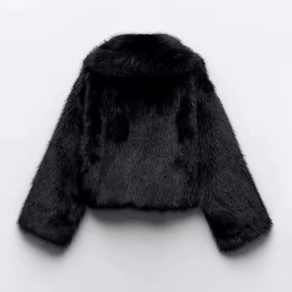 Glam faux fur coat vintage style jacket cropped oversized black - Picture 4 of 13